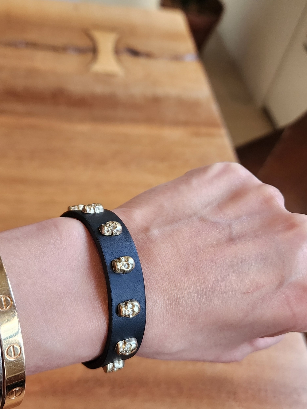Black Leather Skull Stud Bracelet - Women’s